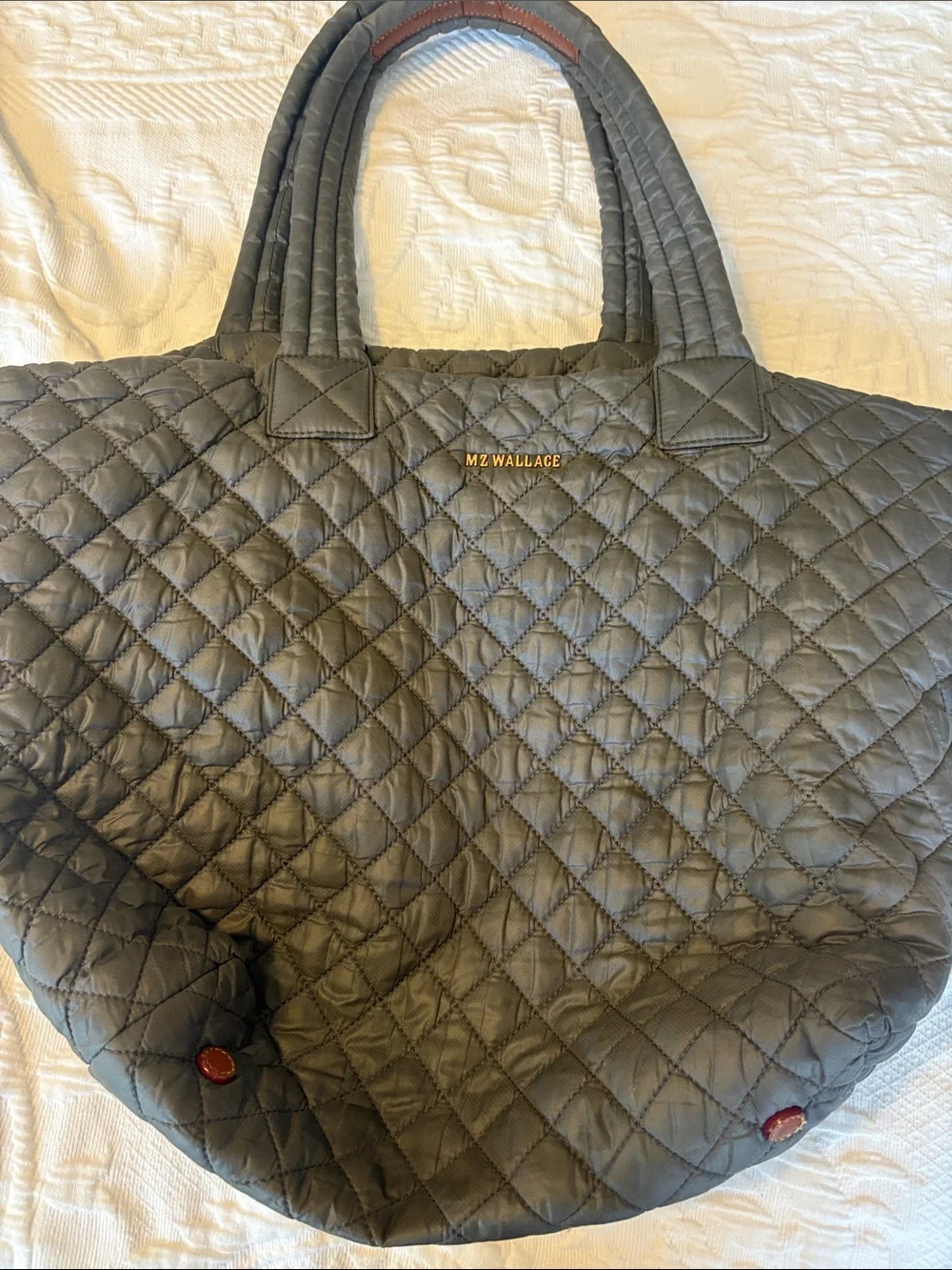 MZ Wallace Quilted Tote in Olive Gray with Tan Trim